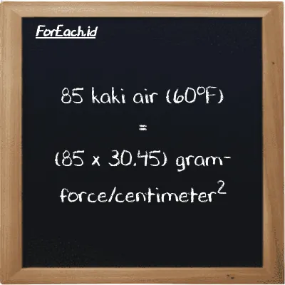 Cara konversi kaki air (60<sup>o</sup>F) ke gram-force/centimeter<sup>2</sup> (ftH2O ke gf/cm<sup>2</sup>): 85 kaki air (60<sup>o</sup>F) (ftH2O) setara dengan 85 dikalikan dengan 30.45 gram-force/centimeter<sup>2</sup> (gf/cm<sup>2</sup>)